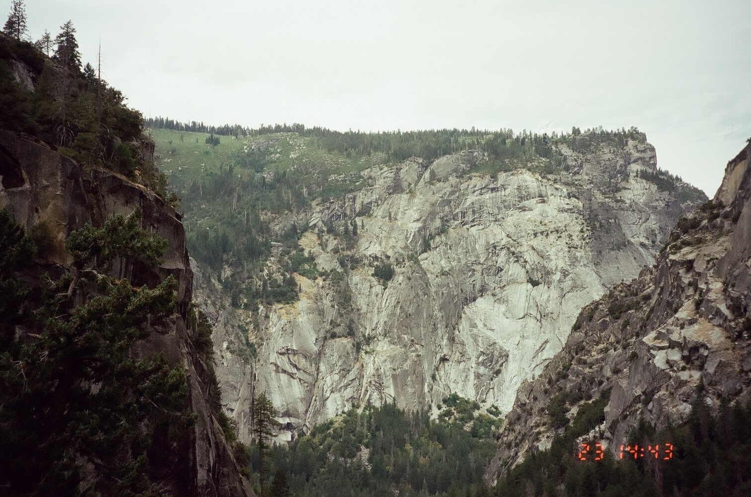 Sheer granite canyon wall above the valley, shot on 35mm film